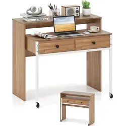 COSTWAY Schreibtisch ausziehbar, Computertisch mit 2 Schubladen, Metallrahmen&Rollen, Bürotisch, Arbeitstisch, PC-Tisch 100x63x88 cm Rustikales Braun - Braun