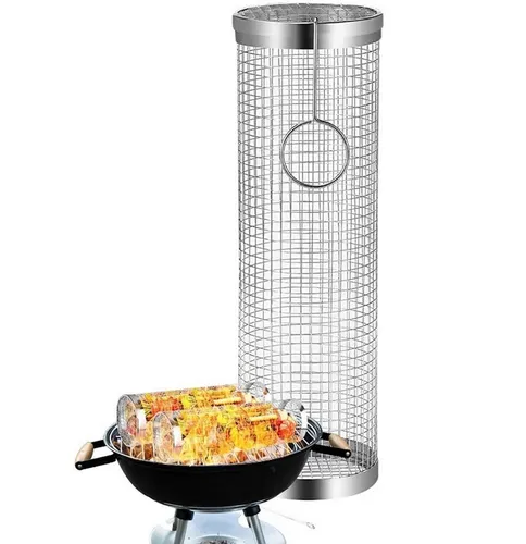 BAYLI Grillspieß Zylindrischer Grillkorb Rund aus Edelstahl mit 1x Haken, Rollendes