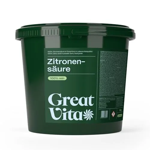 GreatVita Zitronensäure Monohydrat Granulat 5kg | Lebensmittelqualität, reine Citronensäure E330 | gentechnikfrei, Säuerungsmittel ideal zum Entkalken, Reinigen, Putzen, Backen, Kochen