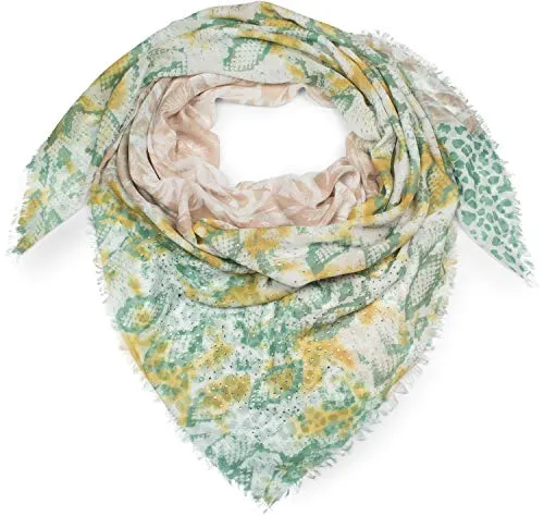 styleBREAKER Damen XXL Dreieckstuch mit Leoparden, Schlange und Palmen Muster Print mit Strass und Fransen, Schal, Tuch 01016188, Farbe:Hellbraun-Oliv-Gelb