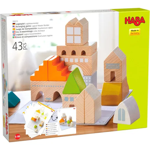 HABA Legespiel Logikbaumeister 306313 - Gesellschaftsspiel für Kinder ab 1 Jahr, fördert motorische Fähigkeiten und logisches Denken mit 26 bunten Holzsteinen und 16 Vorlagekarten.