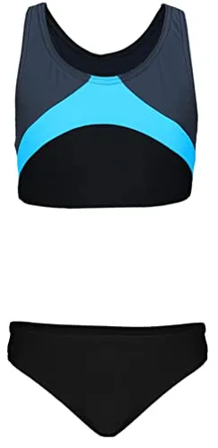 Aquarti Mädchen Sport Bikini Racerback Bustier & Bikinislip, Farbe: Schwarz/Graphit/Blau, Größe: 170