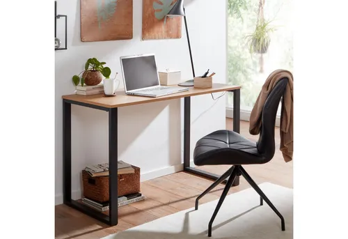 FINEBUY Schreibtisch FB77703 – Moderner Laptoptisch in Eiche-Dekor und Schwarz - Schreibtisch mit robustem Kufengestell aus Eisen und stabiler MDF-Platte in Eichenoptik, ideal für Home-Office oder als Schminktisch, bis zu 40 kg belastbar.