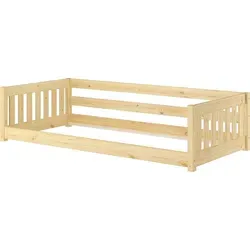 ERST-HOLZ Niederflurbett für Kinder 90 x 200 cm aus Kiefer - Klassisches Niederflurbett aus massivem Kiefernholz mit Kindersicherung. Die niedrige Liegehöhe von 13 cm sorgt für Sicherheit und erleichtert das Ein- und Aussteigen. Ideal für einen gemütlichen Schlafplatz!