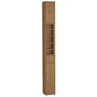 SoBuy Hochschrank für Badezimmer, hellbraun, 20x180x20 cm - Schmaler Hochschrank aus robustem MDF E1, ideal für enge Räume. Höhenverstellbare Einlegeböden und eine Schublade bieten flexible Aufbewahrung und Ordnung im Badezimmer.