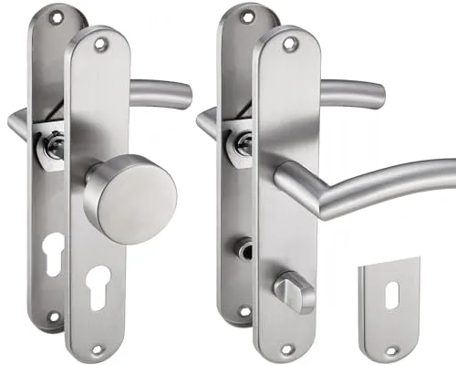 Stahlia Drückergarnitur Langschild Renovierungsgarnitur Edelstahl gebürstet ELLA | WC - Badezimmer | Türbeschlag für Zimmertüren, Eingangstüren für Türstärke 20 – 47 mm | Befestigungsmaterial