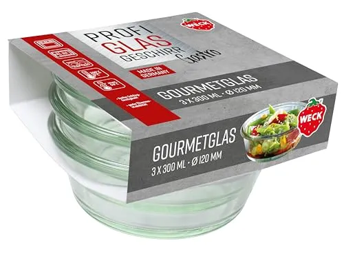 Weck 3er Set Gastropack 300 ml Gourmetgläser (perfekte Kreationen, Backofengeeignet, Spülmaschinengeeignet, Stabilität, Delikatessengläser, ohne Deckel) 76126, Klar