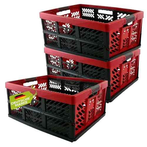 homesti Klappbox 45 L bis 50 kg, 3er Set, 54 x 36 x 28 cm, Einkaufskorb in Rot Anthrazit, stabil, faltbar, Soft-Touch Griffe, lebensmittelecht, pflegeleicht