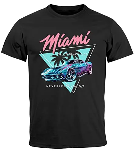 Neverless Print-Shirt Herren T-Shirt Bedruckt Miami Beach Surfing Motiv USA Retro Automobil mit Print schwarz L