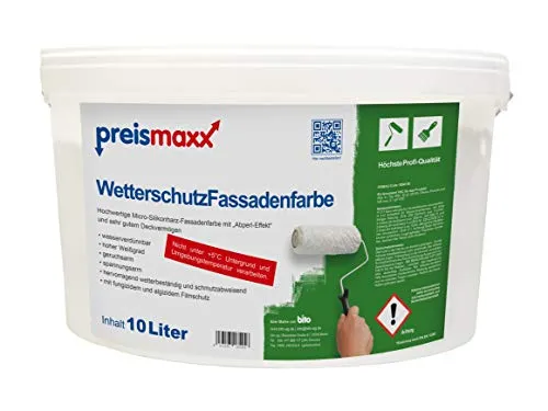 preismaxx Wetterschutz Fassadenfarbe, weiß, 10 Liter, mit selbstreinigendem Abperleffekt, hochwertige, schmutzabweisende Aussen-Dispersion, sehr guter Regenschutz