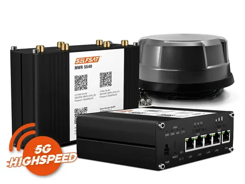 Selfsat MWR 5540 5G WLAN Router - 5G Cat 12 Mobilfunkrouter mit bis zu 2,6 Gbps, ideal für Wohnmobile und Campingplätze. Unterstützt 2 SIM-Karten und einfache Einrichtung über QR-Code.