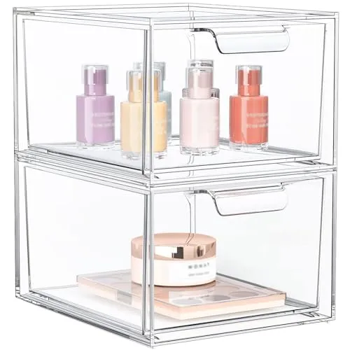 2er Schubladen Organizer – Schreibtisch Organizer – Stapelbare transparente Acryl-Schubladenbox mit 16 rutschfesten Matten – Schminktisch Organizer für Badezimmer, Schminktisch, Kommode & Schreibtisch