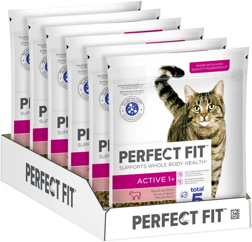 Perfect Fit Katzenfutter Trockenfutter Active 1+ mit Rind 6x750g - Trockenfutter für aktive Katzen, reich an Rind für eine ausgewogene Ernährung und optimale Vitalität.