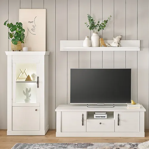 Wohnwand in Pinie weiß mit LED-Beleuchtung, 3-teilig, Landhaus-Stil - RAPLA-61