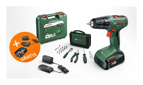 Bosch Akku-Bohrschrauber EasyDrill 18V-40 mit 26-tlg. Werkzeug-Set - Leichter Akku-Bohrschrauber mit 2 Ah Akku, 13-mm-Schnellspannbohrfutter und 20 Drehmomentstufen. Ideal für vielseitige Einsätze in Holz und Metall.