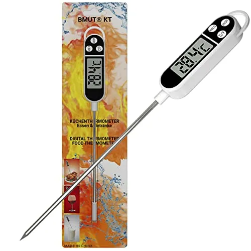 BMUT KT Küchenthermometer - Digitales Bratenthermometer für Lebensmittel - Bratenthermometer mit Edelstahl-Sonde (15 cm) und großem Temperaturbereich (-50°C bis +300°C). Ideal für präzises Kochen, Grillen und Getränke mit leicht ablesbarem Display.