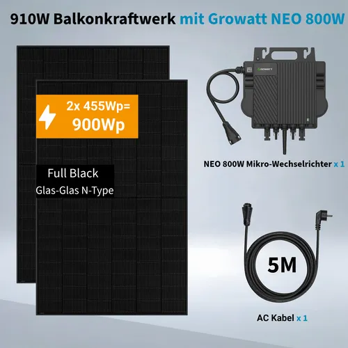 Balkonkraftwerk 870W Mini-PV Anlage Komplettset - Solaranlagen: Effiziente Stromerzeugung mit JA Solar Bifazialmodulen und Growatt Mikro-Wechselrichter. Einfach zu installieren, keine Genehmigung nötig, und hohe Effizienz von 21,8%.