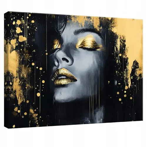 WallArena - Leinwand Bilder - Frau - 60x40 cm Leinwandbilder - Bild auf leinwand - Wandbild XXL groß Wandbilder für Wohnzimmer Schlafzimmer Wohnzimmerbilder Modern kunstdruck - Schwarz Gold Glamour