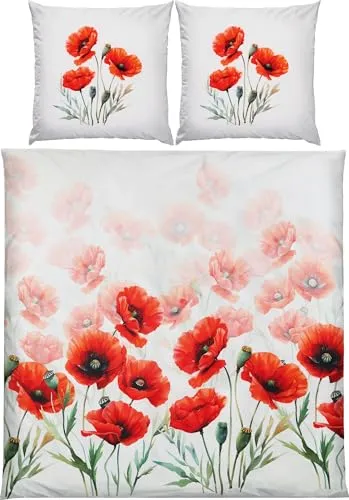 Erwin Müller Mako-Satin Bettwäsche Mohnblume weiß-rot Größe 80x80 cm / 200x220 cm - seidig weiche Qualität, temperaturausgleichend, mit Reißverschluss