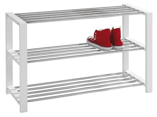 Home4You Schuhregal 3 Ebenen für 12 Paar Schuhe - 80 cm breit - Modernes Design - Praktisches Schuhregal mit 3 Ablagen für geordnete Aufbewahrung von 12 Paar Schuhen. Robustes MDF und verchromtes Metall vereinen Stil und Funktionalität. Ideal für Flur oder Schlafzimmer. Kompakt und leicht montierbar.