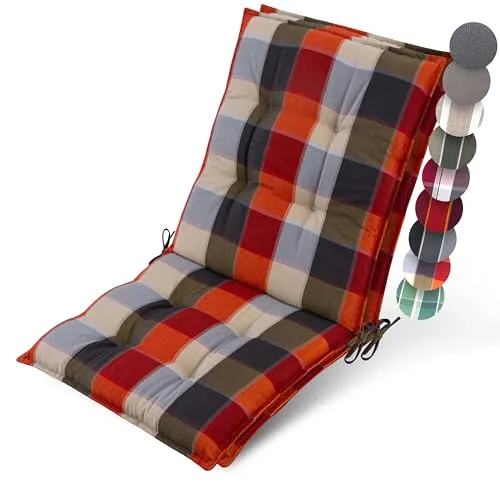 Beautissu 2er Set Premium Niedriglehner Auflage Gartenstuhl 100x50cm Sun-NL – 8cm Dick Polster Gartenstuhlauflage rutschfest Befestigungsbänder UV-Lichtechtheit 5 – Robust Orange-Beige kariert