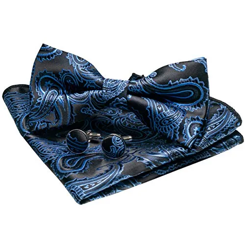 JEMYGINS Blau Seide Paisley Fliege und Einstecktuch mit Manschettenknöpfe Sets für Herren(2)