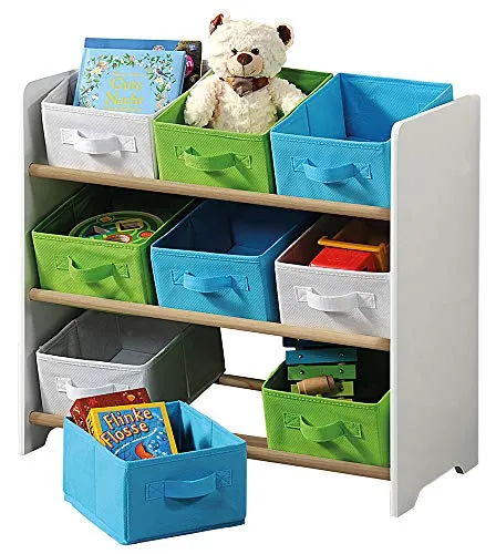 KESPER Kinder-Aufsbewahrungsregal mit 9 Textilkörben - Regal für Kinderzimmer, FSC-zertifiziert und unterstützt spielerisch die Ordnung mit 9 bunten Textilkörben und praktischem Design.