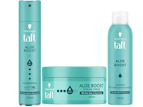 TAFT Haarspray (250 ml) & Texturspray (150 ml) & Styling Creme (100 ml) Aloe Boost, alle Haartypen, für Volumen & natürliche Wellen, mit Aloe Vera & Niacinamid sorgt für mühelose Undone Looks