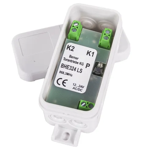 Berner Mini 2-Kanal-Empfänger BHE324 - Funk-Wandsender mit 2 potentialfreien Relais, programmierbar für bis zu 50 Sendercodes, ideal für Torantriebe und einfache Steuerung.