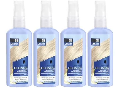 Schwarzkopf Blonde Aufheller S1 Stufe 3 (4x 125 ml), Aufhellspray zum Haare aufhellen um bis zu 2 Stufen für eine strahlende, sonnengeküsste blonde Haarfarbe, Formel mit Argan-Öl