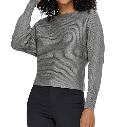 ONLY Damen Pullover 15226298 Medium Grey Melange - Stylischer einfarbiger Pullover für Damen mit Rundhalsausschnitt und weiten Ärmeln, perfekt für lässige Looks und gemütliche Tage.