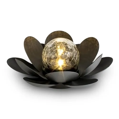Spetebo LED Solar Lotusblüte schwarz mit Crackleglas Kugel - 24 x 10 cm - Garten Deko Kugelleuchte im Blumen Design - Outdoor Gartenkugel Dekoleuchte Lotus Solarlampe Gartendeko Bruchglas Design