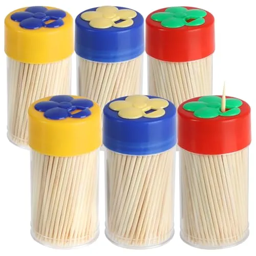 COM-FOUR® 900x Zahnstocher aus Holz - 6 Dosen mit je 150 Zahnhölzern für den täglichen Gebrauch - Toothpicks - hölzerne Zahnstecher - 6,5 cm (900 Stück - Set1)