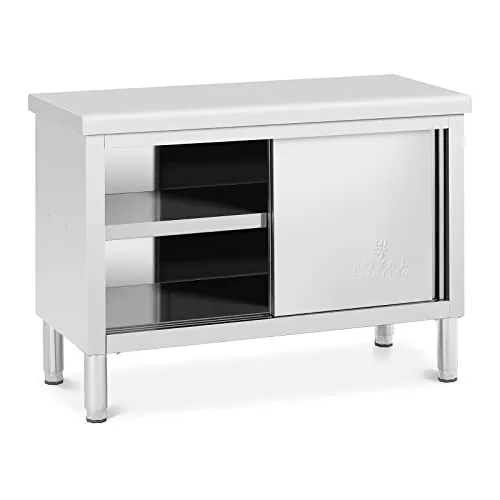 Royal Catering Arbeitstisch 120 x 50 cm - Robuster Edelstahltisch mit Schiebetüren und 3 Ebenen, ideal für die Gastronomie und hohe Belastbarkeit bis 390 kg