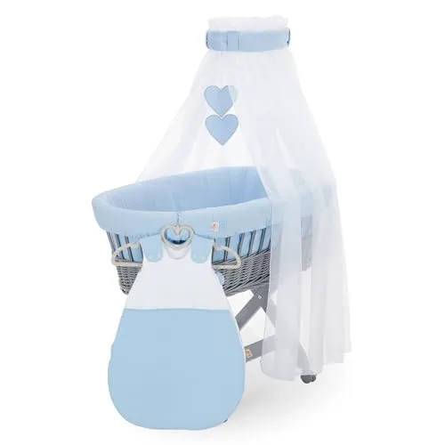 FabiMax Stubenwagen Grau Komplettset mit Matratze, Musselin-Schlafsack oder Bettwäsche, Himmel & Weidenkorb (Schlafsack, Blau)