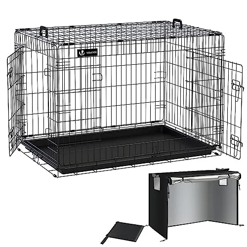 VOUNOT Hundekäfig Klappbar mit Abdeckung, Hundebox Auto Hundetransportkäfig mit Doppeltüren, 2 Transportgriffen & Bodenschale, XL 107x70 x78 cm, Schwarz