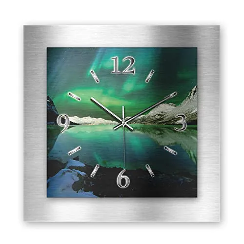 Kreative Feder 3D Designer-Wanduhr aus gebürstetem Aluminium leise Wanduhr ohne Ticken quadratisch 40x40cm (Nordlichter, leises Funkuhrwerk)