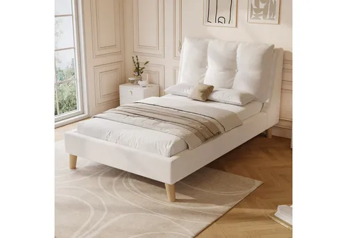 Polsterbett 90 x 200 cm mit Lattenrost und Kopfteil aus Samt, beige - Klassisches Einzelbett für Kinder mit stabilem Lattenrost und weichem Kopfteil. Ideal für gemütliche Vorlesestunden und mit praktischem Stauraum für Spielzeug. Robuste Massivholzbeine sorgen für Langlebigkeit und einfache Reinigung.