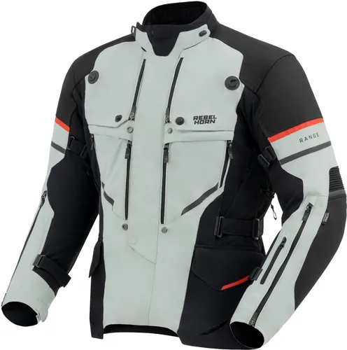 Rebelhorn Range Motorrad Textiljacke, wasserdicht, grau/schwarz/rot, 5XL - Hochfunktionale 3-Lagen-Touringjacke für alle Wetterbedingungen. Mit herausnehmbarer Membran und separater Thermojacke für optimalen Komfort und Belüftung. Ideal für anspruchsvolle Straßenfahrer und Langstreckenabenteuer.