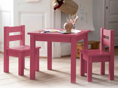 Hoppekids Kindersitzgruppe MADS, 3-tlg. Set mit Tisch und 2 rosa Stühlen - Kinderzimmermöbel mit FSC-zertifiziertem Holz, ideal für kreative Spielstunden – sicher und stilvoll!