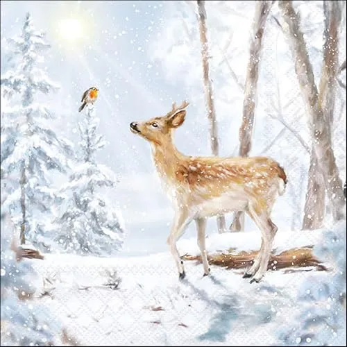 Servietten Winter Reh trifft Vogel im Winterwald als Tischdeko. Papierservietten mit Motiv. Auch für Decoupage und Serviettentechnik 33x33cm 20