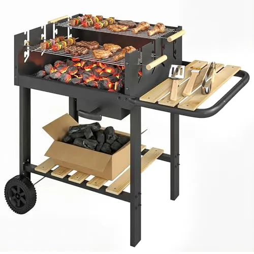 Outsunny Holzkohlegrill mit höhenverstellbarem Grillrost und 2 Ablagen