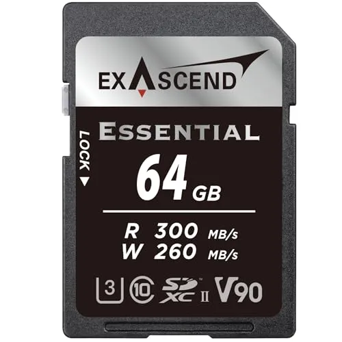 Essential SDXC UHS-II V90 Speicherkarte, 300 MB/s, 64 GB, Kinoqualität, 8K UHD bis zu 260 MB/s Schreibgeschwindigkeit, 300 MB Lesegeschwindigkeit, UHS-II, Klasse 10, U3, V90 Kamera SD-Speicherkarte