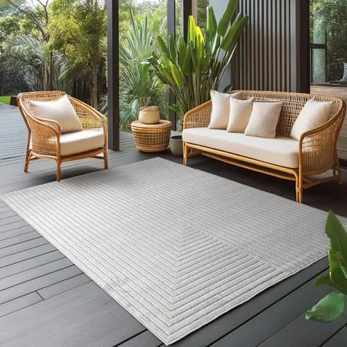 Carpettex Outdoor Teppich wetterfest, Wohnzimmer, Schlafzimmer, Garten, Balkon, Kurzflor Grau, Hoch-Tief-Effekt, weich & waschbar, pflegeleicht, 120x170 cm