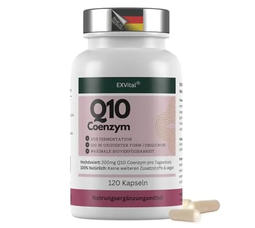 EXVital® Q10 Coenzym – 200mg pro Kapsel – 120 vegane Kapseln – reicht für 4 Monate – hochdosiert & ohne Zusätze, in Deutschland produziert & laborgeprüft