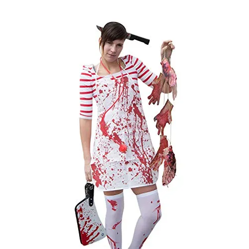 Oblique Unique® Horror Kostüm Accessoire Set für Damen - Messer im Kopf Haarreif + Metzger Schürze + Overknee Strümpfe + Blutige Füße & Hände Girlande Halloween Fasching Karneval