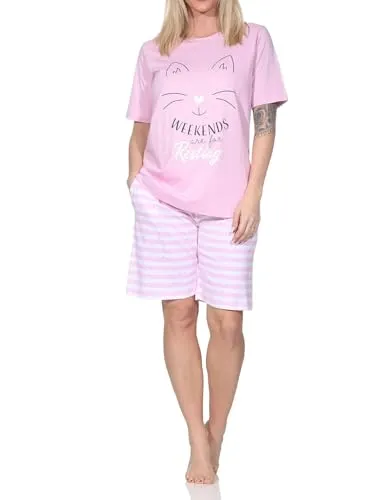 Normann Damen Kurzarm Schlafanzug Shorty Pyjama in Katzen Optik - auch in Übergrößen, Farbe:rosa, Größe:48-50