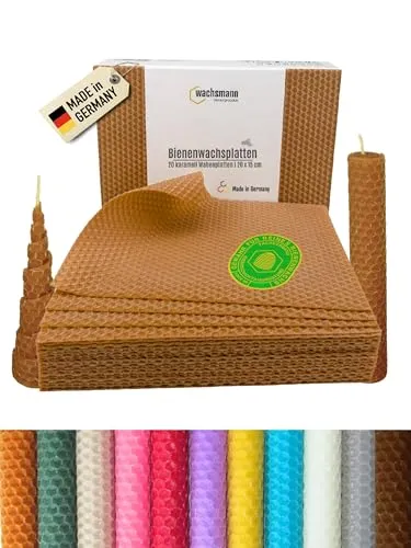 Wachsmann Bienenwachsplatten - 20 Stück, Karamell - Kerzenwachs aus 100 % reinem Bienenwachs, ideal zum Selbermachen von duftenden Kerzen. Praktische Größe 20 x 15 cm, leicht zu verarbeiten für kreativen Bastelspaß.