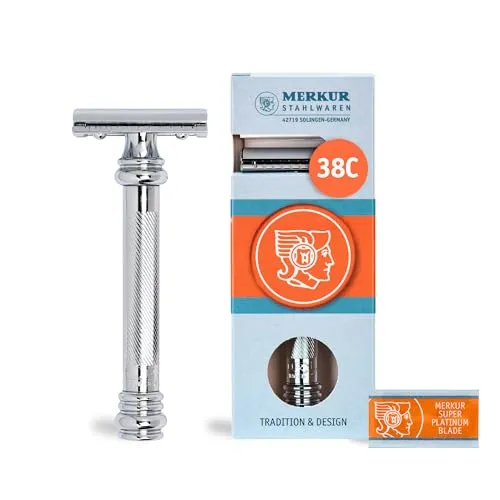 MERKUR Rasierhobel 38C | Barber Pole Glanzchrom | Zweiteiliger Rasierer mit geradem Schnitt | Geschlossener Kamm | Ideal für Nassrasur | Zinkdruckguss | Messing Griffstück | Made in Germany
