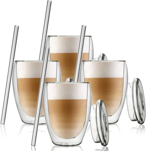 4x Doppelwandige Gläser mit Deckel und Trinkhalm - Thermogläser 350ml - Gläser & Glaswaren: Doppelwandige Thermogläser mit Deckel und Strohhalm - perfekt für heiße und kalte Getränke, stilvoll und funktional.